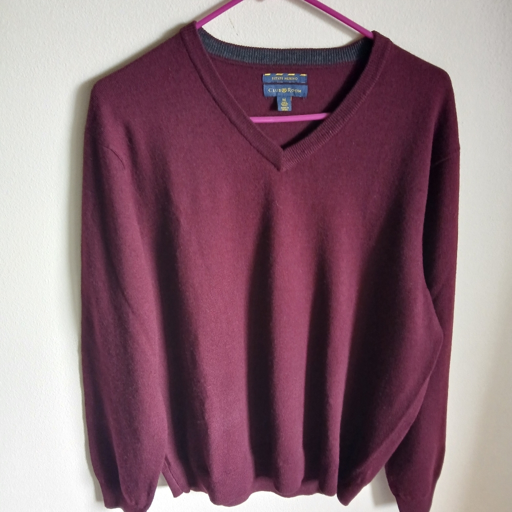 Club Room Merino Wool V Neck Sweater Size Medium Burgundy Men's